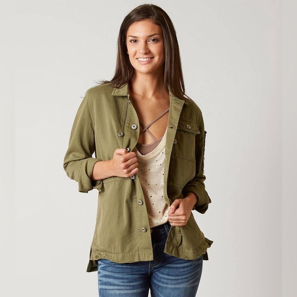 BKE Embellished Military Jacket Size Medium Olive Army Green Shacket Bohemian